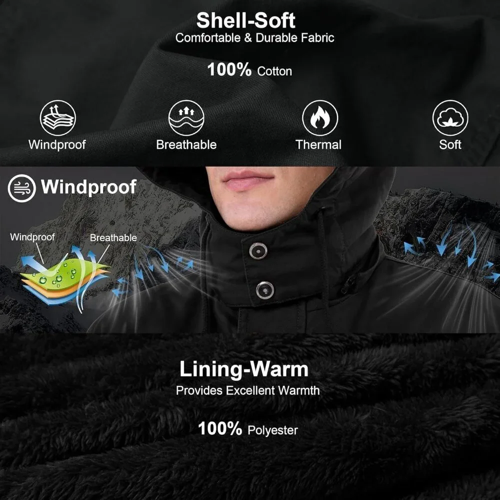 Men's Thick Winter Jackets with Hood Fleece Lining Cotton Military Jackets Work